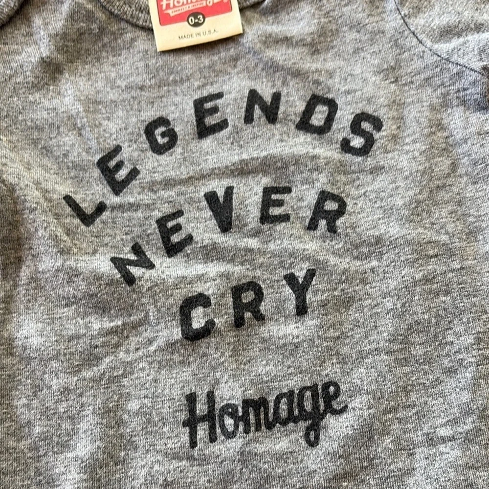 Gray Homage Legends Never Cry Baby Onesie
